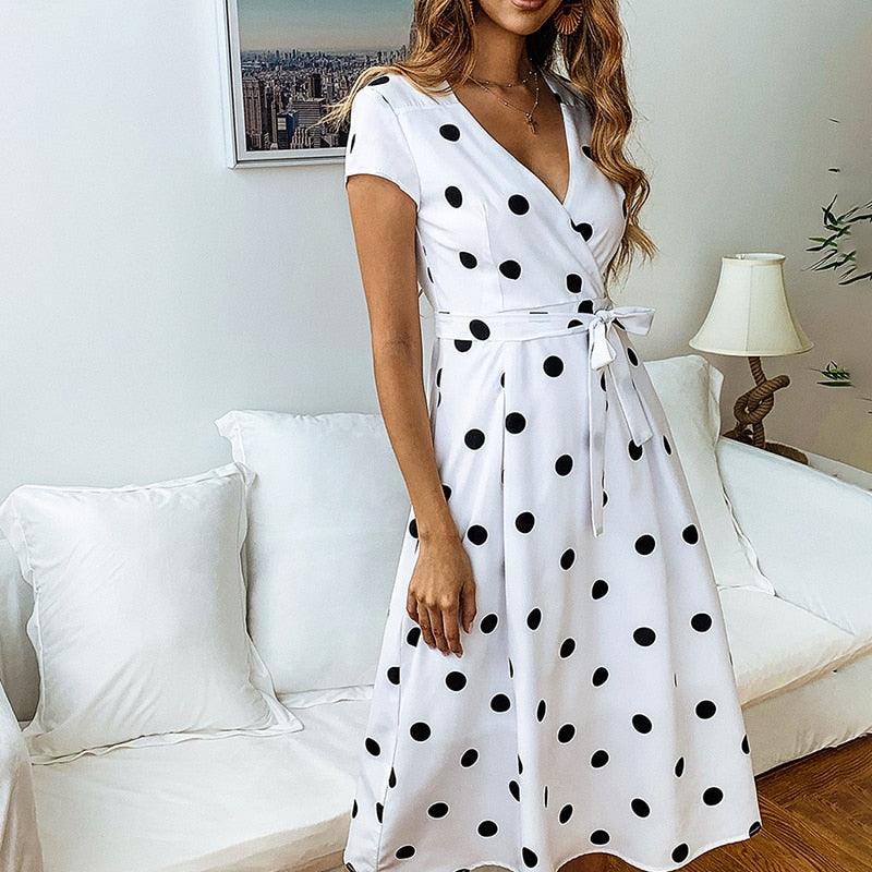 Summer Women Dress - Fashion Polka Dot Long Party Dresses - Sexy Deep V Neck Chic Dress - Elegant Clothes (BWM)(WS06)