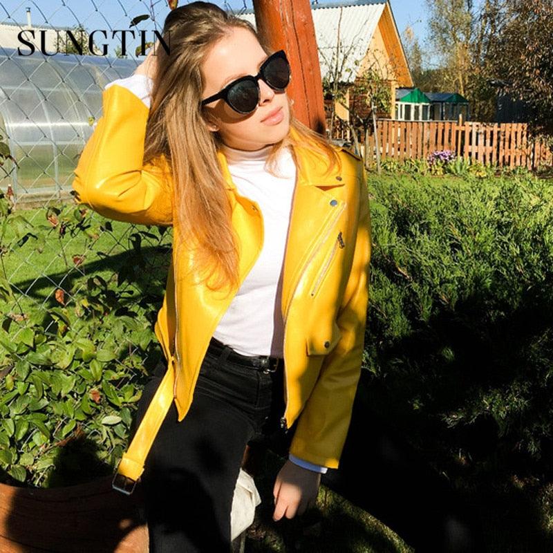 Gorgeous Classic PU Leather Jacket - Women Moto Biker Coat - Short Leather Jackets - Plus Size - Fashion Outerwear (TB8B)(F23)