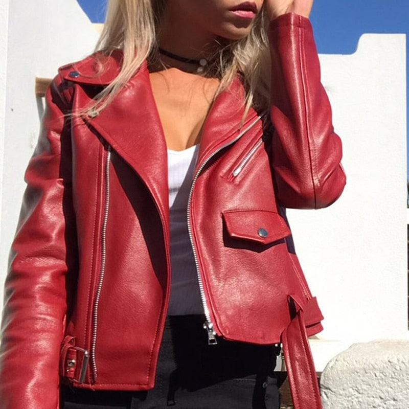 Gorgeous Classic PU Leather Jacket - Women Moto Biker Coat - Short Leather Jackets - Plus Size - Fashion Outerwear (TB8B)(F23)
