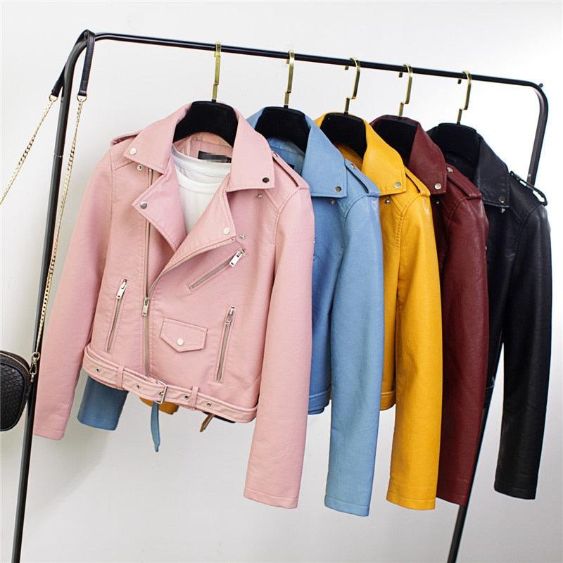 Gorgeous Classic PU Leather Jacket - Women Moto Biker Coat - Short Leather Jackets - Plus Size - Fashion Outerwear (TB8B)(F23)