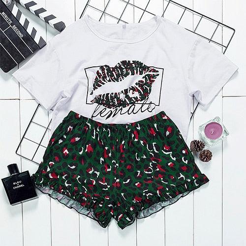 Cute Summer Sexy Lips Print Crop Top White Women T Shirt & Short Pajama Set - Ladies Casual Sleepwear (ZP1)