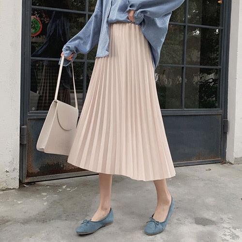 Elegant Solid Midi Pleated Skirt - Women Autumn Winter Ladies Skirt - High Waist Long Skirt (TB7)(F22)