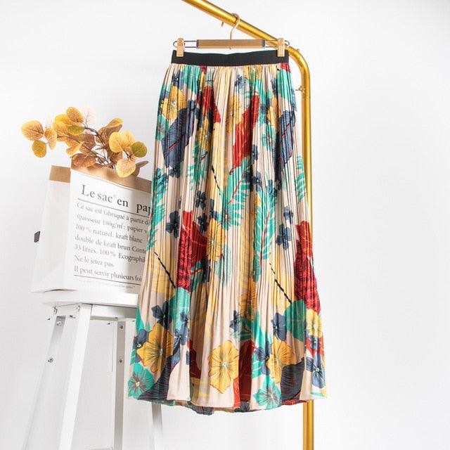 Floral Print Women Maxi Skirt - High Waist Long Pleated Skirt (D23)(TB7)