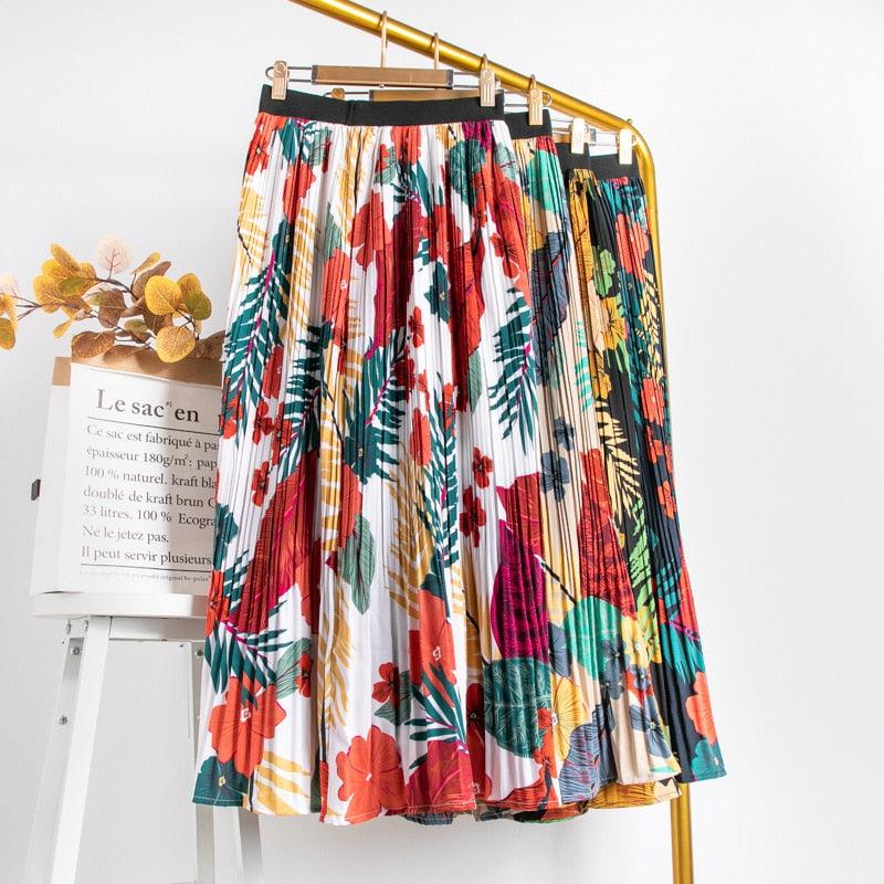 Floral Print Women Maxi Skirt - High Waist Long Pleated Skirt (D23)(TB7)