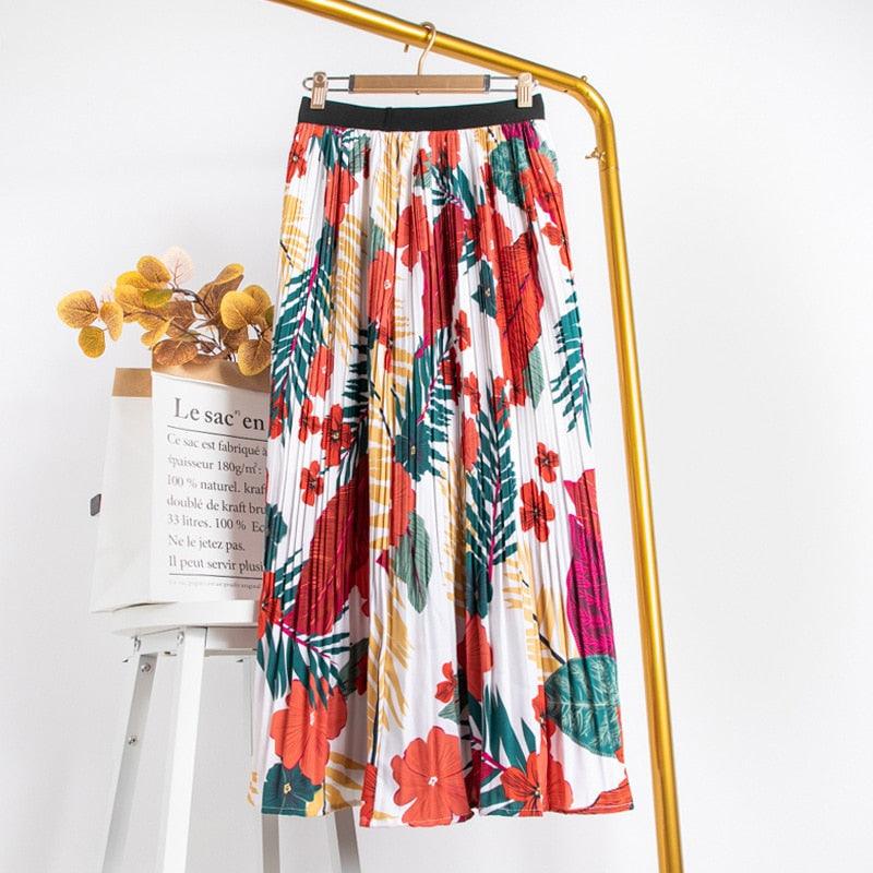 Floral Print Women Maxi Skirt - High Waist Long Pleated Skirt (D23)(TB7)