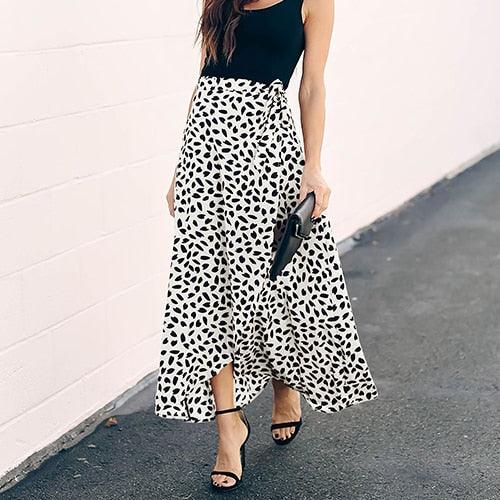Gorgeous Polka Dot Print Long Maxi Summer Skirt - Women Fashion - Ladies White Black Split High Waist Sun Skirt (TB7)(TP6)