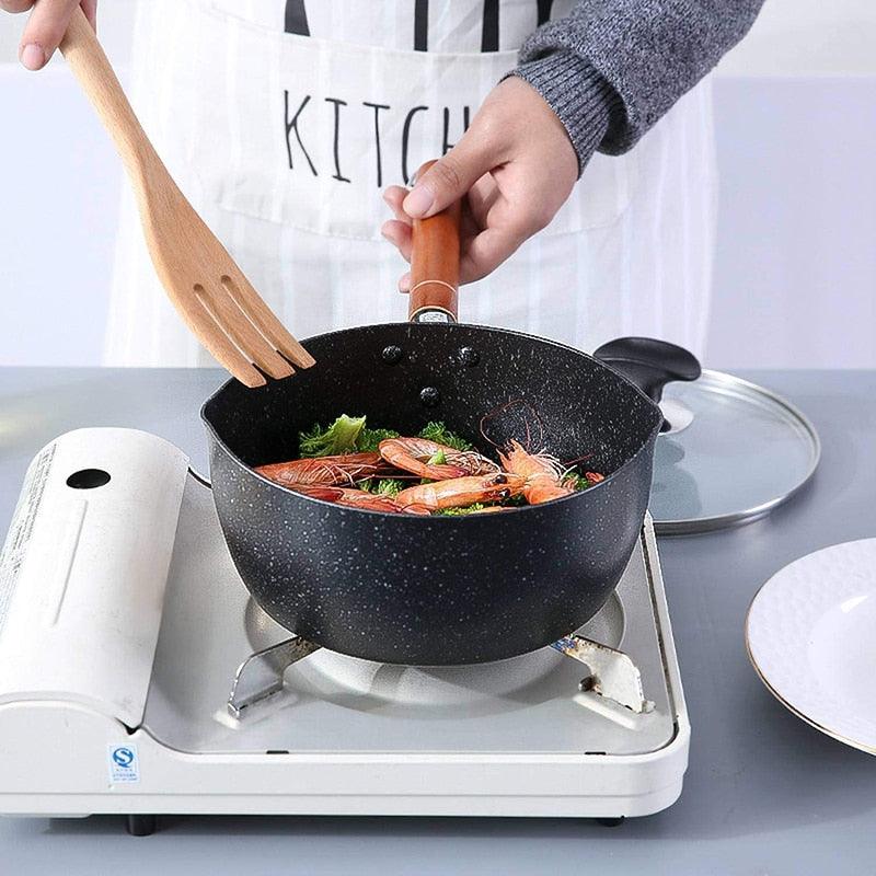 18/20CM Maifan Stone Soup Pot Wooden Handle Milk Pot Non-stick Wok Kitchen Frying Pans (AK1)(F61)