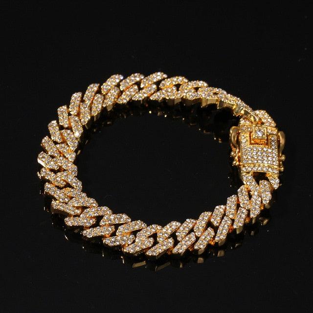 THE BLING KING 12mm Bling S-Link Miami Cuban Bracelets - Gold Color Full Iced Rhinestones (D83)(MJ3)