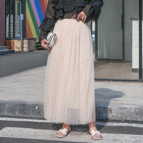 Long Tulle Skirts - Women Summer Elastic High Waist Mesh Pleated Skirt - Maxi Skirt (TB7)