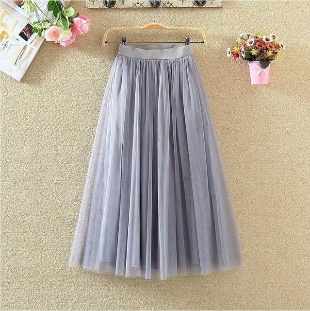 Long Tulle Skirts - Women Summer Elastic High Waist Mesh Pleated Skirt - Maxi Skirt (TB7)