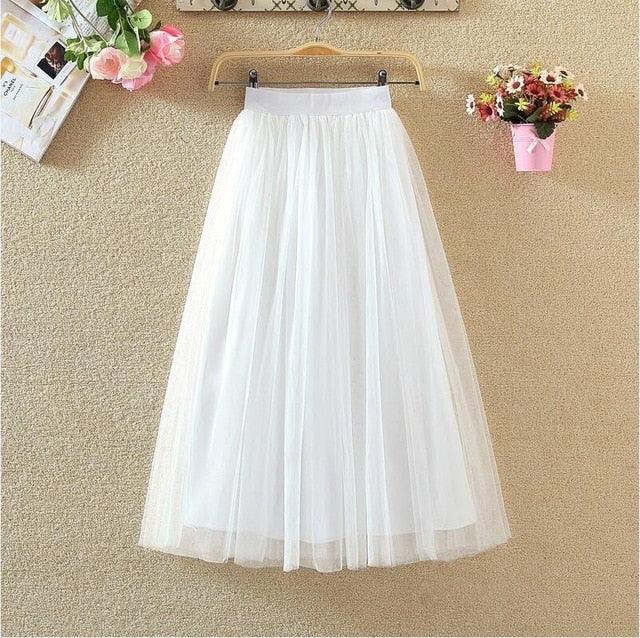 Long Tulle Skirts - Women Summer Elastic High Waist Mesh Pleated Skirt - Maxi Skirt (TB7)