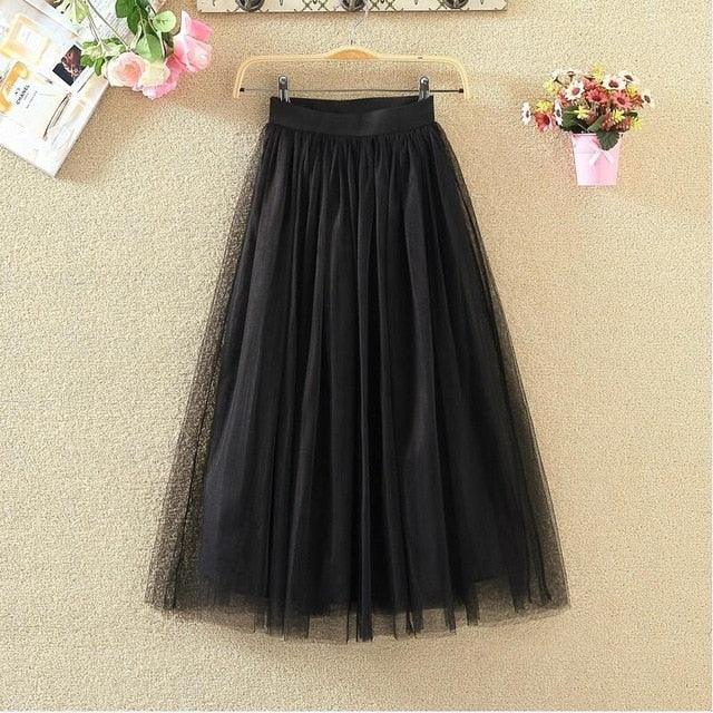 Long Tulle Skirts - Women Summer Elastic High Waist Mesh Pleated Skirt - Maxi Skirt (TB7)