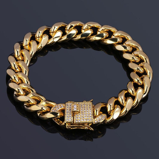 12mm Gold Color Plated Cuban Chain Bracelet With 1ct Lab Cubic Zirconia Bracelet (MJ3)