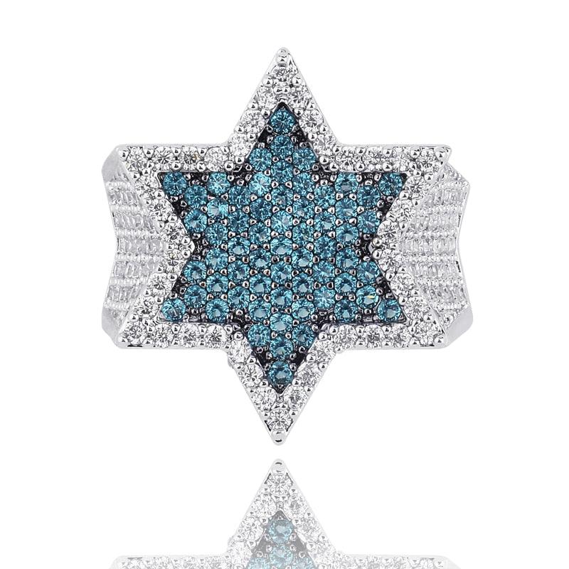 New Hexagon Star Silver Color Blue Iced Out Cubic Zircon Rings (MJ1)
