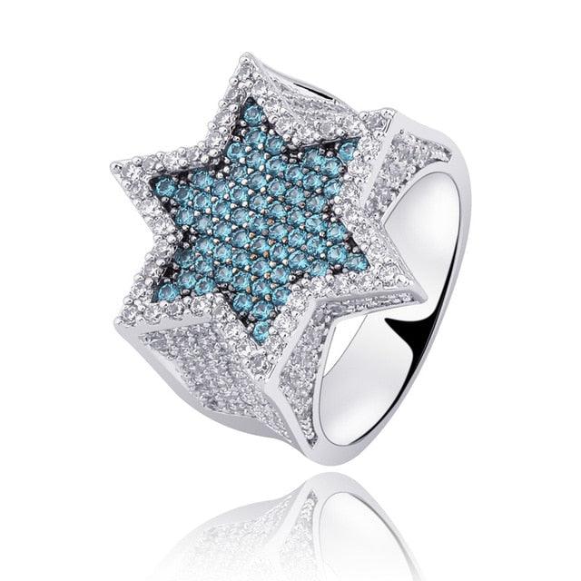New Hexagon Star Silver Color Blue Iced Out Cubic Zircon Rings (MJ1)