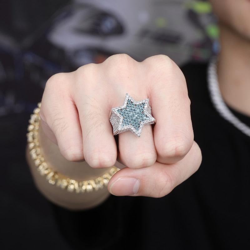 New Hexagon Star Silver Color Blue Iced Out Cubic Zircon Rings (MJ1)