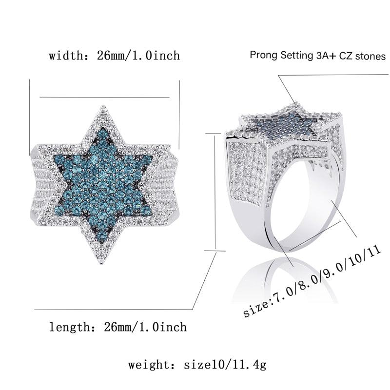 New Hexagon Star Silver Color Blue Iced Out Cubic Zircon Rings (MJ1)