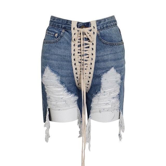 Gorgeous Cross Strap Denim Women's Shorts - High Waist Hole Tassel Streetwear Shorts (TBL2)