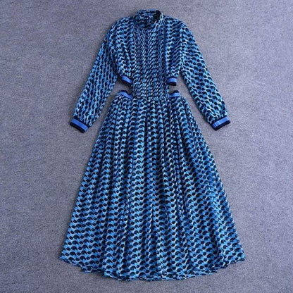 Great Summer Print Women's Dress - Stand Collar - Long Sleeve High Waist Hollow Out Midi Dresses (BWD)(WS06)(F30)