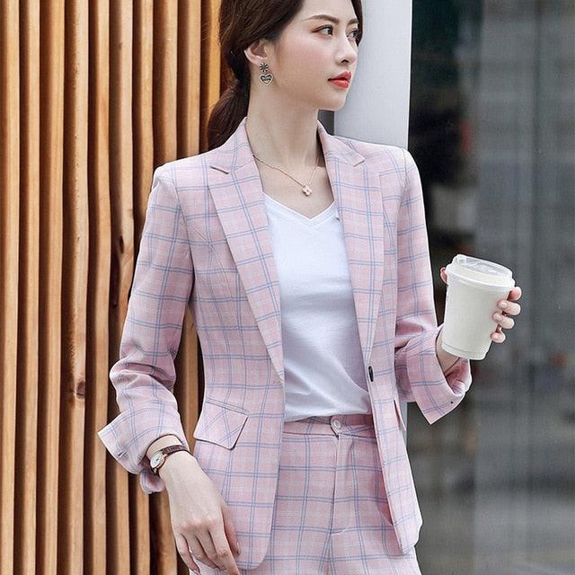 Cute Women's Plaid Suit - Pants Sets Autumn High Quality Suit - Jacket & Casual Trousers - Two Piece (TB5)