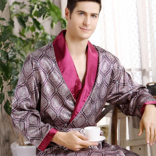 Men's Satin Silk Robe - Turn Down Collar Pattern Print Superior Bathrobe Pajamas (TG7)(F9)