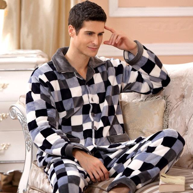 Great Style Men Thick Coral Fleece Warm Pajamas Sets - Tops & Trousers Home Sleepwear (D9)(TG7)
