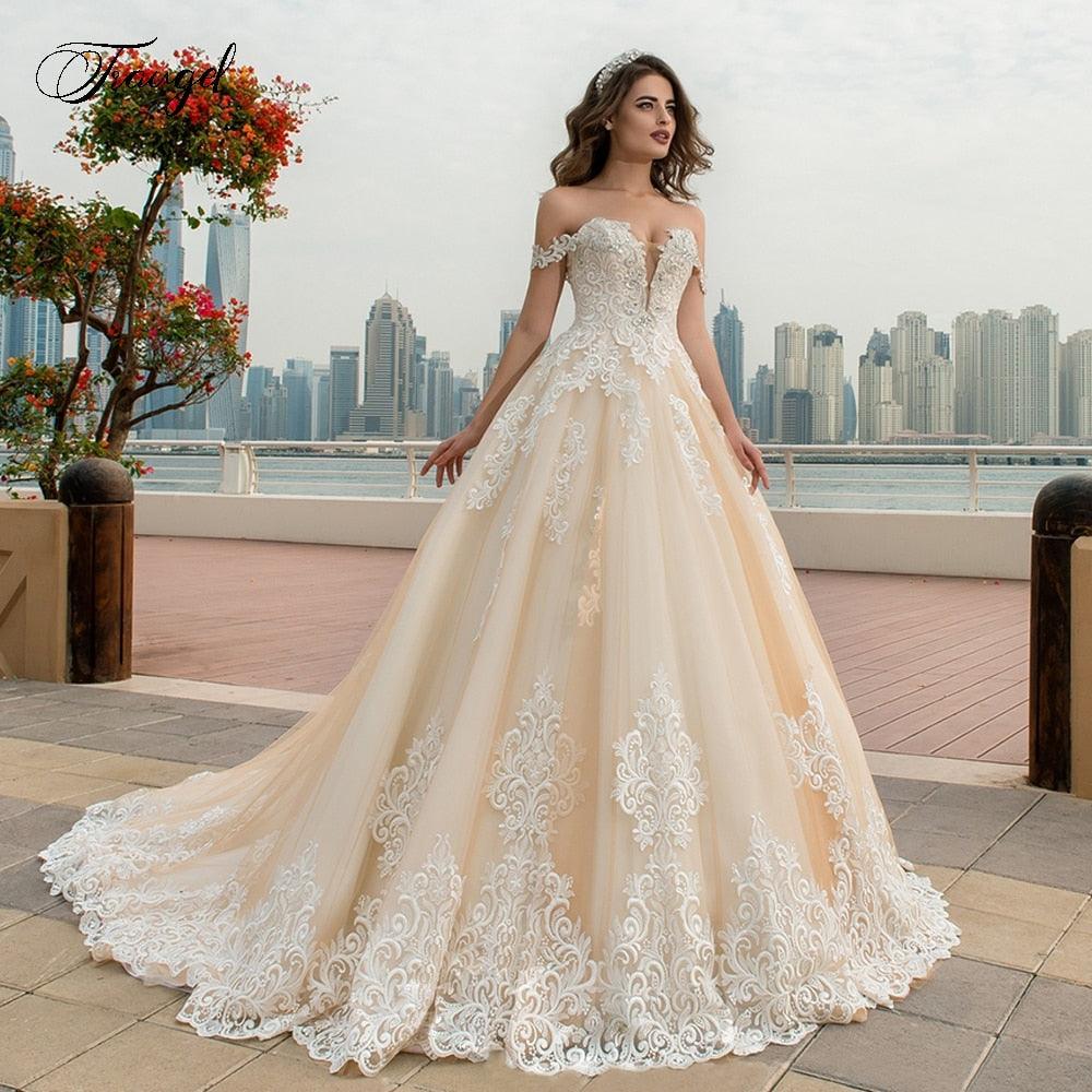 Pretty Off The Shoulder A Line Lace Wedding Dresses - Beading Lace Up Bride Dress - Chapel Train Bridal Gown - Plus Size (WSO1)