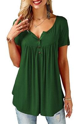 Gorgeous Women Summer V-Neck Short Sleeve Top - Loose Sexy Blouse - Female Plus Size - Long Style Tops (D19)(TB1)(BCD2)
