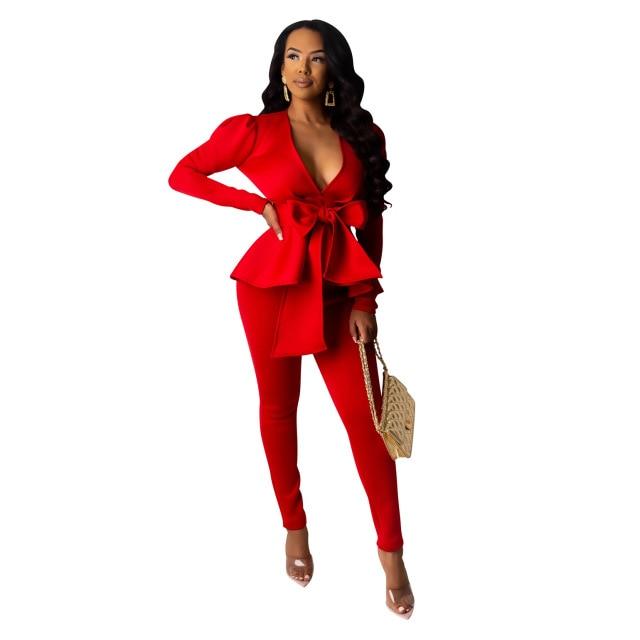 Amazing Two Piece Set Blazer - Women Work Wear - Full Sleeve Ruffles Pencil Pants Suit - Spring Office Lady Outfits (3U20)(3U35)