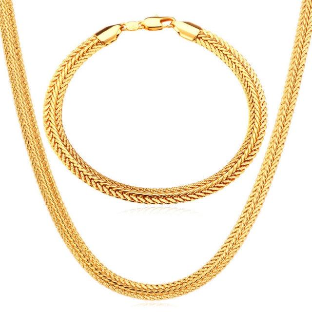 Great Jewelry Set - Gold Silver Color Bracelet Necklace Set - Curb Cuban Weaving Snake Chain (MJ4)