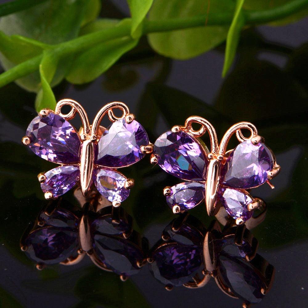 Great Butterfly Crystal Jewelry Set - Women Bridal Wedding Purple Earrings Necklace Ring Set (1U81)
