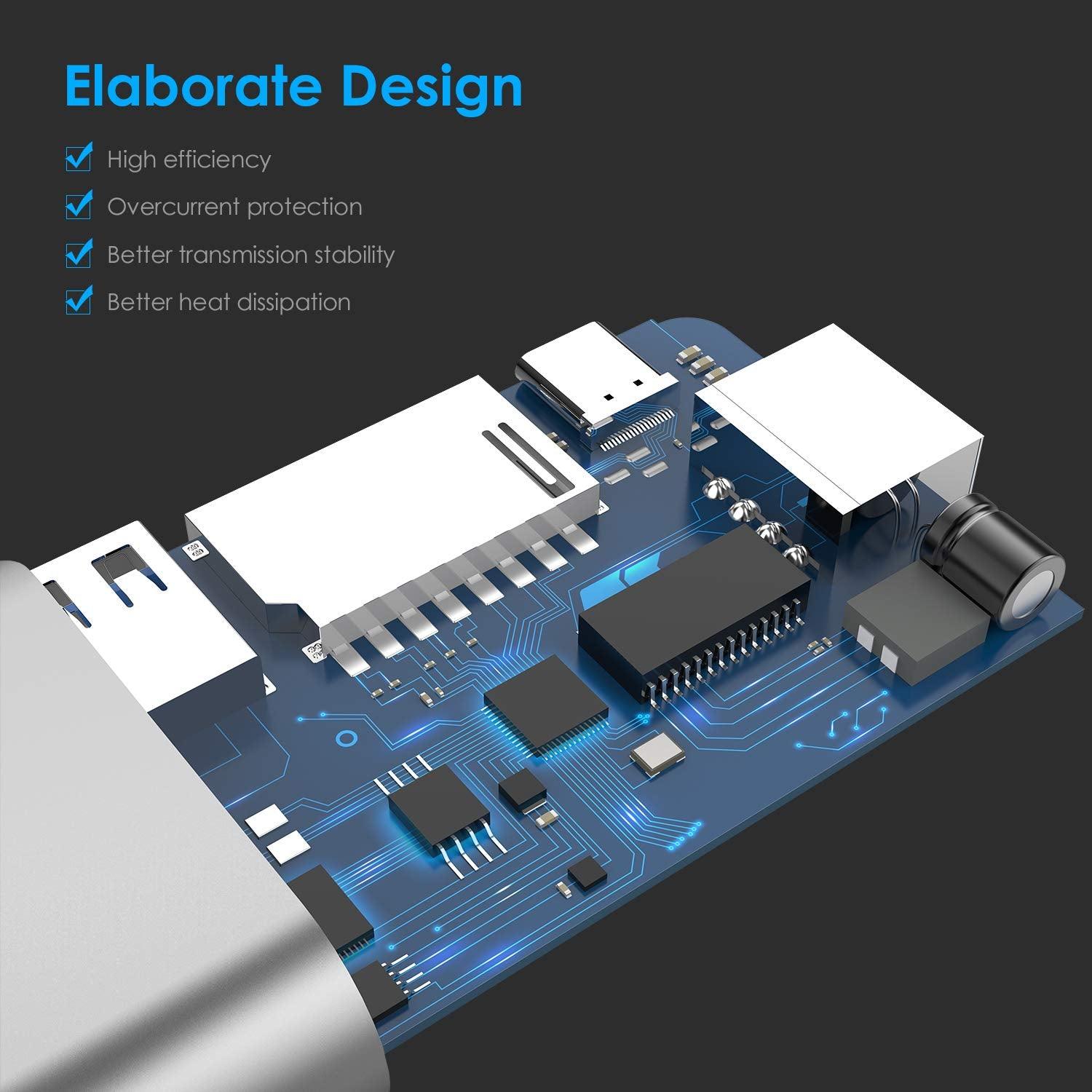 USB C Gigabit Ethernet Hub with 4K HDMI, 2 USB 3.0, Card Reader, Type C Charging, Digital AV Multiport Adapter (D52)(CA2)(1U52)