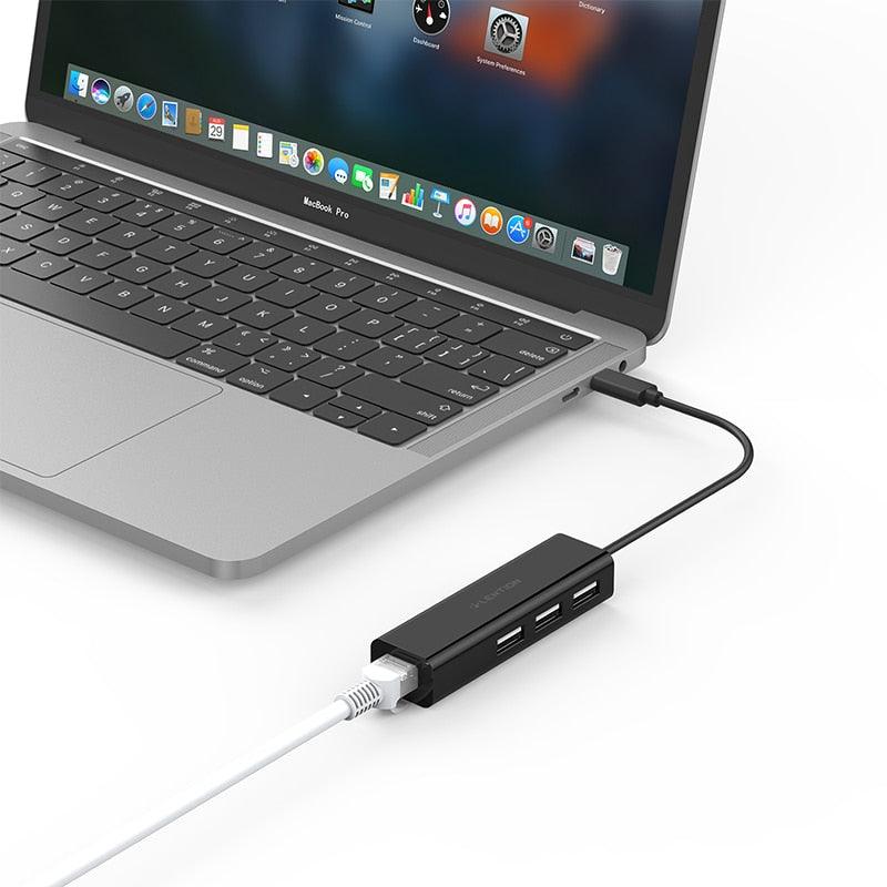 USB-C to 3 USB Ports Hub + RJ45 Ethernet LAN Adapter for MacBook Pro 13/15/16 (Thunderbolt 3),Mac Air, MacBook 12, Chromebook (CA2)(1U52)
