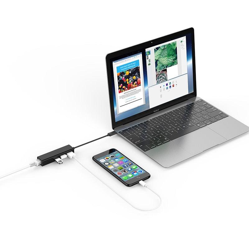 USB-C to 3 USB Ports Hub + RJ45 Ethernet LAN Adapter for MacBook Pro 13/15/16 (Thunderbolt 3),Mac Air, MacBook 12, Chromebook (CA2)(1U52)