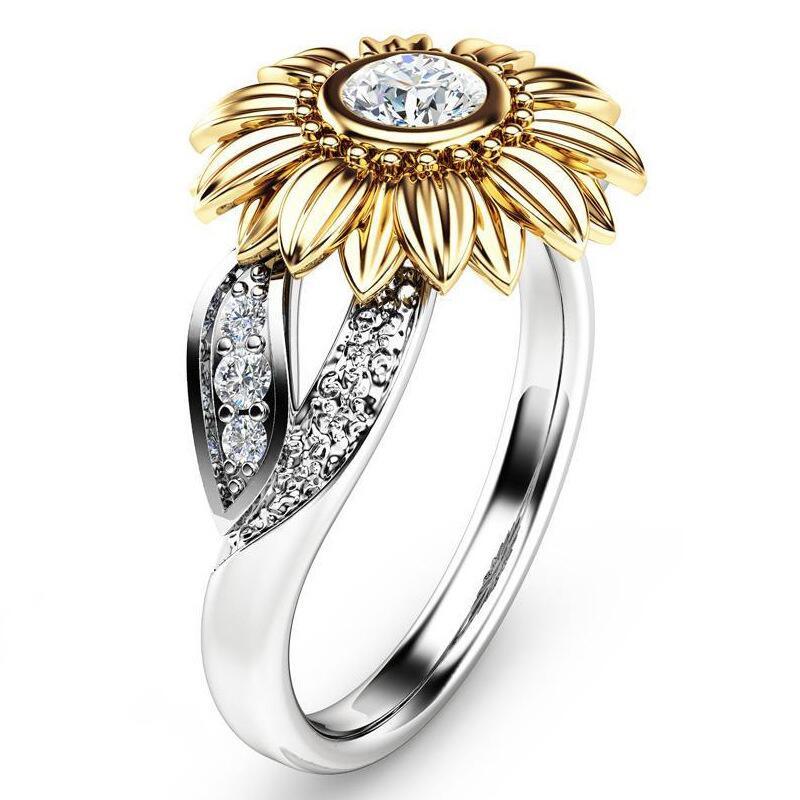 Gorgeous 925 Sterling Silver Ring - Two Tones Gold Sunflower Rings - Wedding Party Jewelry (2U81)(7JW)