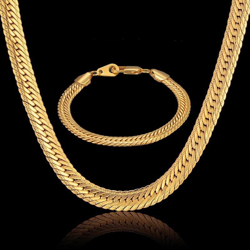 Unique Chunky Necklace Set - Flat Thick Chain Necklace Bracelet - Fashion Jewelry Sets (MJ4)(F83)