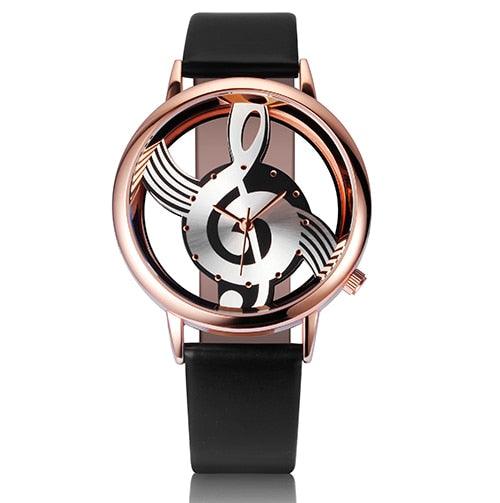 Trending Women's Quartz Analog Hollow Musical Note Style Leather Wrist Watch (1U82)