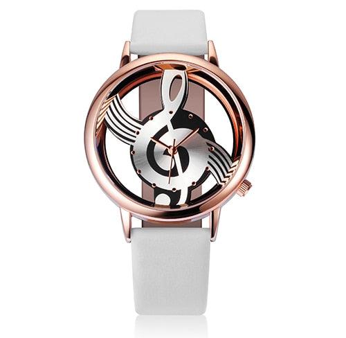 Trending Women's Quartz Analog Hollow Musical Note Style Leather Wrist Watch (1U82)