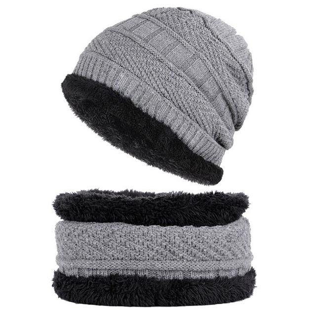Unisex Knitted Hat Fashion Winter Thick Warm Fleece Lined Neck Warmer Scarf Set (2U103)