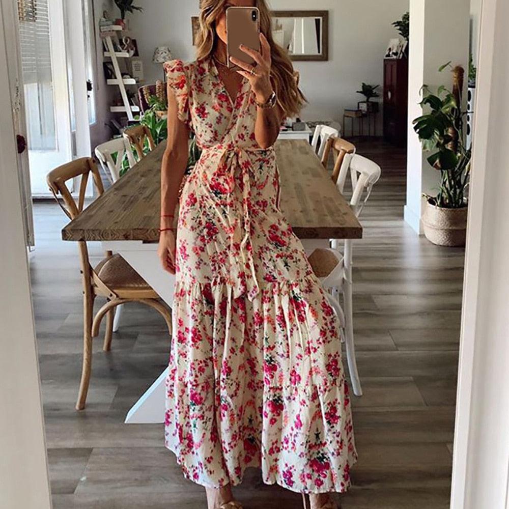 Nice V-neck Casual Women's Wrap Dress - Summer Floral Maxi Dresses - Women Sleeveless Ruffle Dress (1U30)