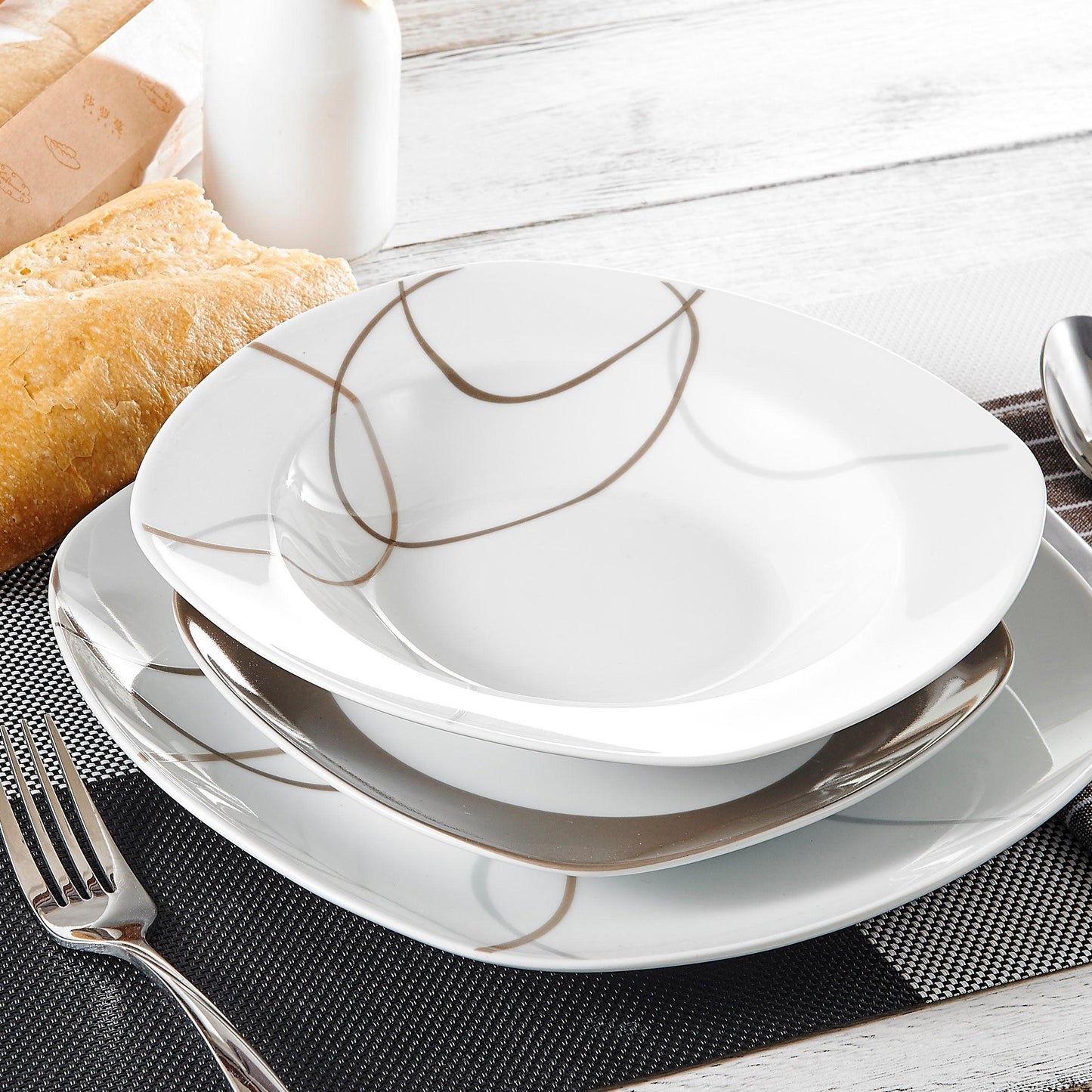 18-Piece Ceramic Porcelain Kitchen Dinner Plates Set -Tableware Set with Dinner Plate,Dessert Plate,Deep Soup Plate (AK7)(1U61)