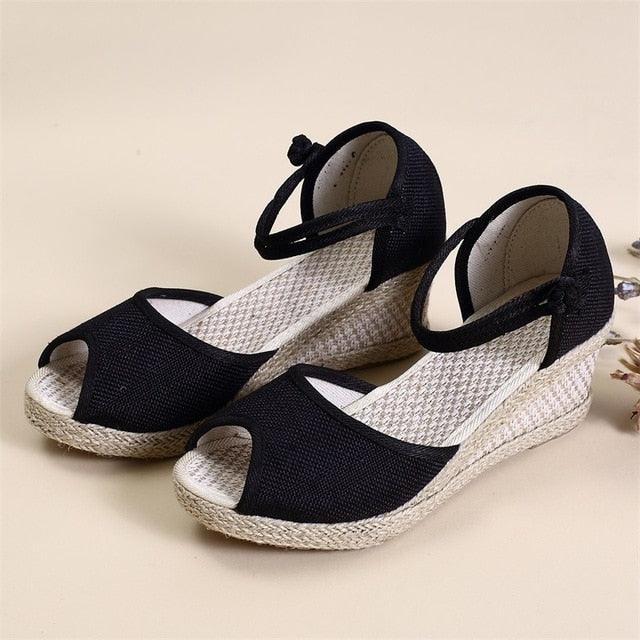 Great Handmade Women Plain Linen Peep Toe Sandals - Wedge Espadrilles (SS3)(SH2)(SS1)