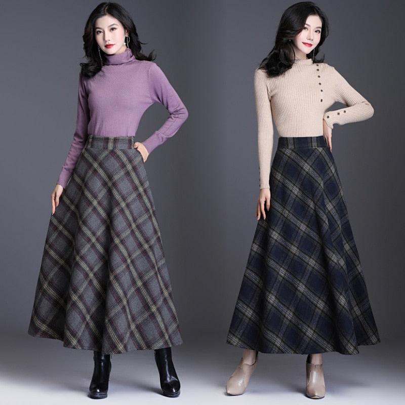 Vintage A-Line High Waist Woolen Skirts - Autumn Winter Fashion Women's Wool Maxi Skirts (D23)(D20)(TB7)(TP6)