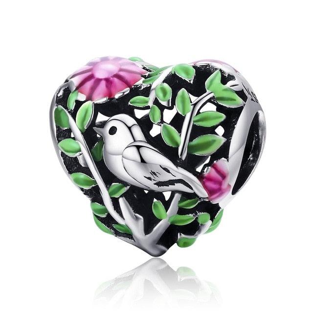 Cute Real 925 Sterling Silver Bird in the Woods Charm - Jewelry Gift (6JW)