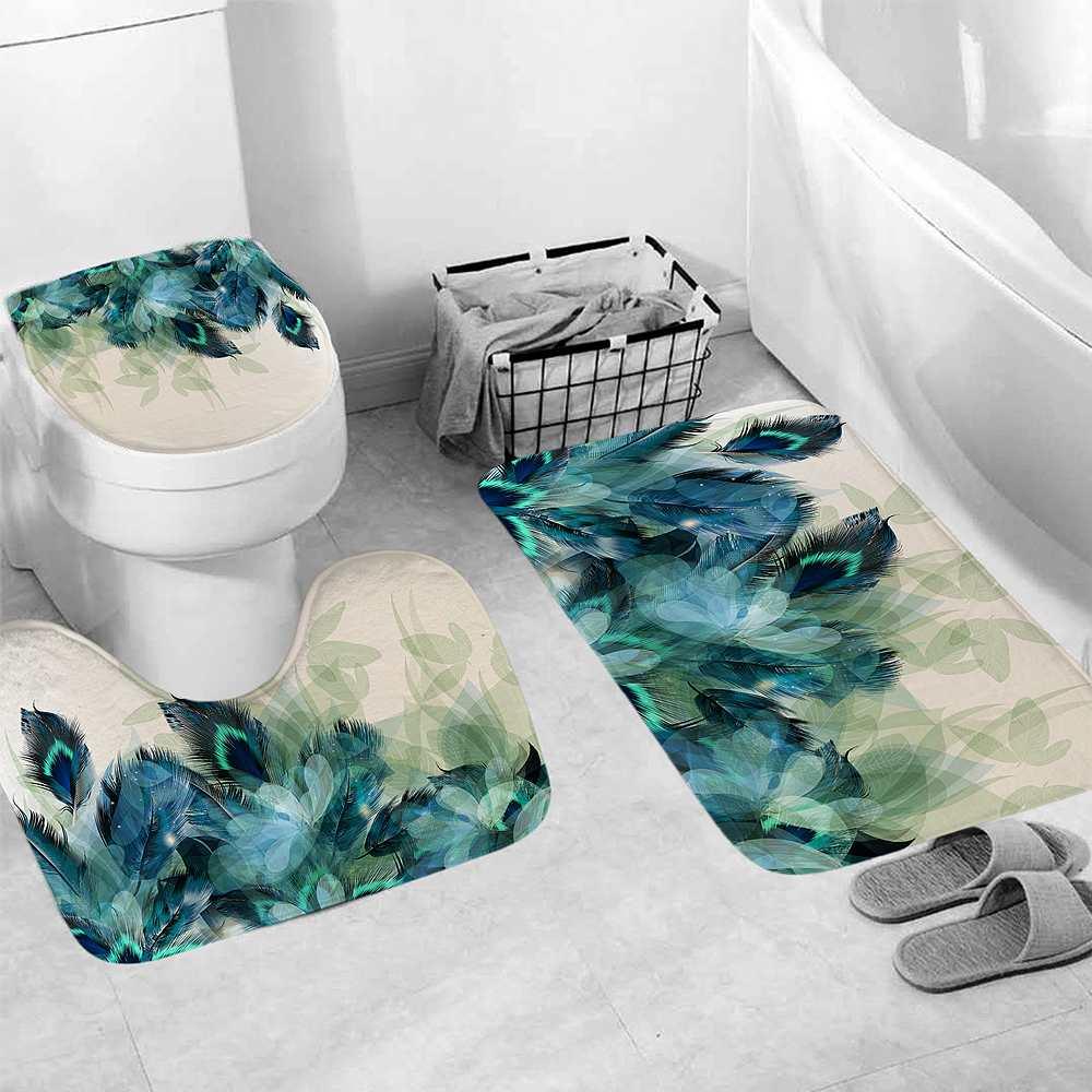 Waterproof Bathroom Shower Curtain 3PC Anti-Slip Toilet Mats Set Peacock Feather Curtain Shower Sets (B&2)(B&3)(1U65)