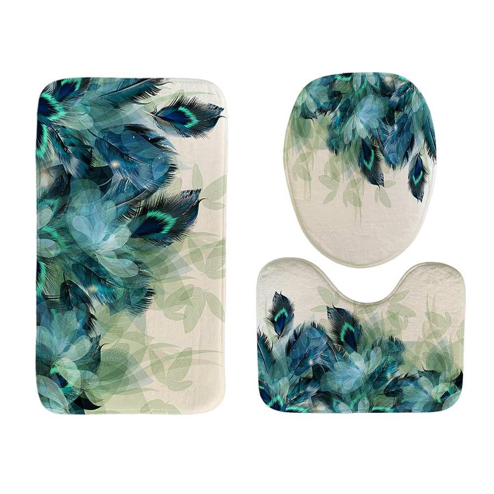 Waterproof Bathroom Shower Curtain 3PC Anti-Slip Toilet Mats Set Peacock Feather Curtain Shower Sets (B&2)(B&3)(1U65)