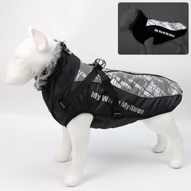 Waterproof Large Dog Clothes - Winter Dog Coat With Harness - Furry Collar Warm Pet Clothing (W1)(F69)