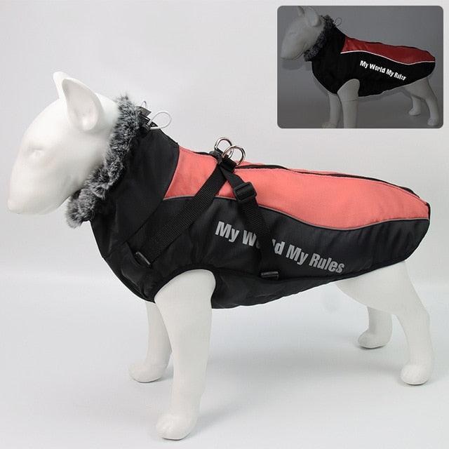 Waterproof Large Dog Clothes - Winter Dog Coat With Harness - Furry Collar Warm Pet Clothing (W1)(F69)