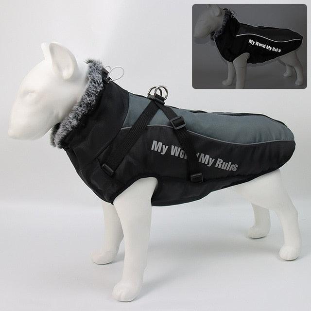 Waterproof Large Dog Clothes - Winter Dog Coat With Harness - Furry Collar Warm Pet Clothing (W1)(F69)