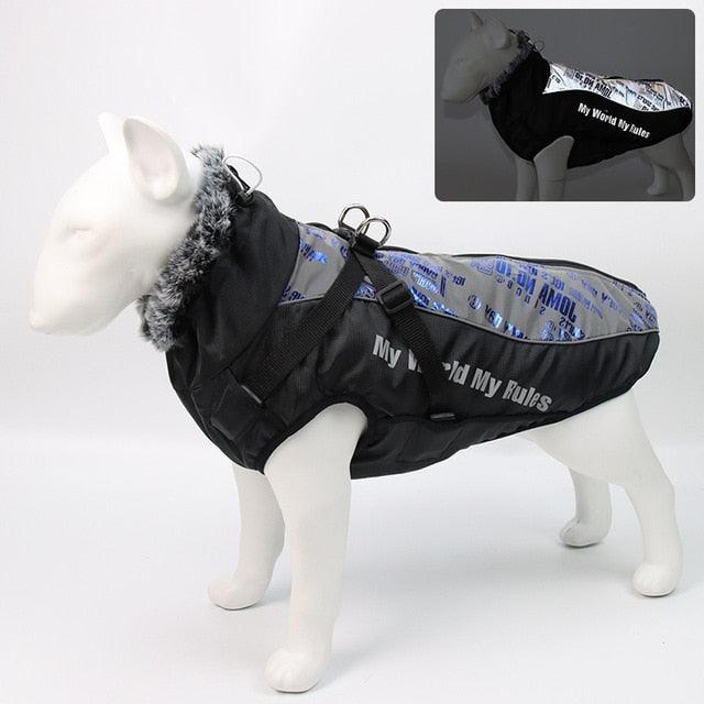 Waterproof Large Dog Clothes - Winter Dog Coat With Harness - Furry Collar Warm Pet Clothing (W1)(F69)